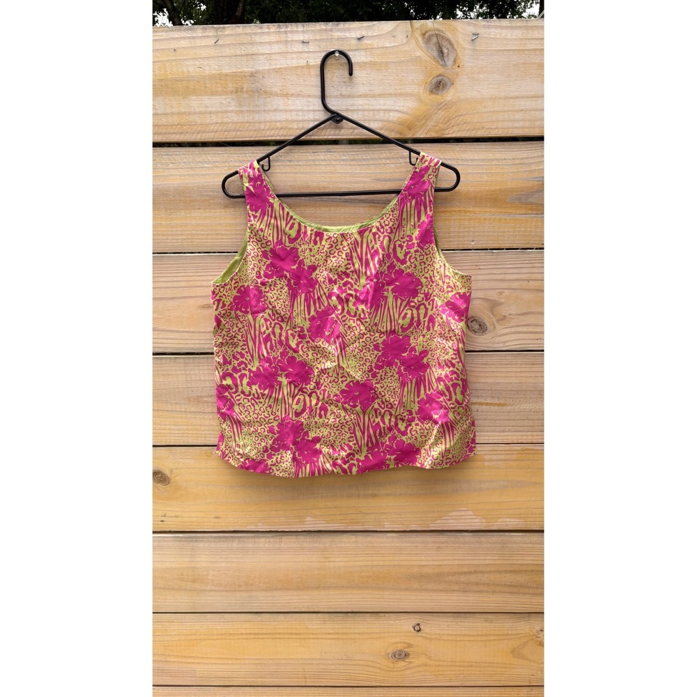 Ann May Pink Lime Green Floral Animal Print 100% Silk Tank Top Shell XL